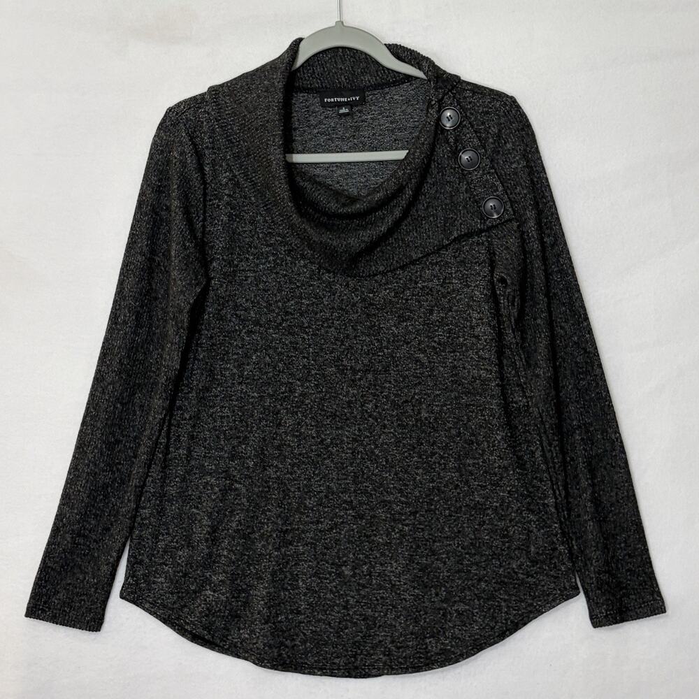 Fortune + Ivy Women's Small Gray Pullover Button Cowl Neck Sweater Soft